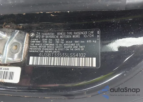 2005 BMW Z4 2.5I z USA, uszkodzony, nr VIN 4USBT33535LS54102